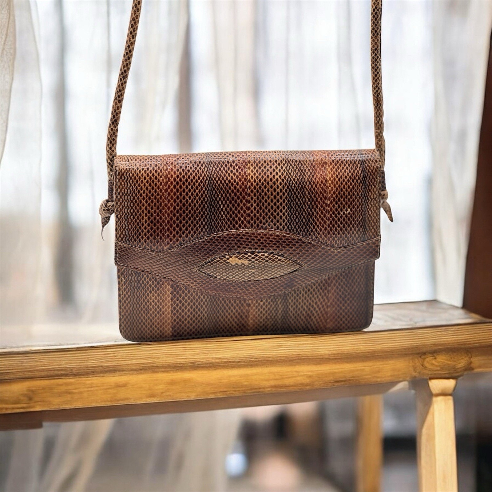 Vintage Genuine Snakeskin Crossbody Purse Brown Exotic Leather Shoulder Bag